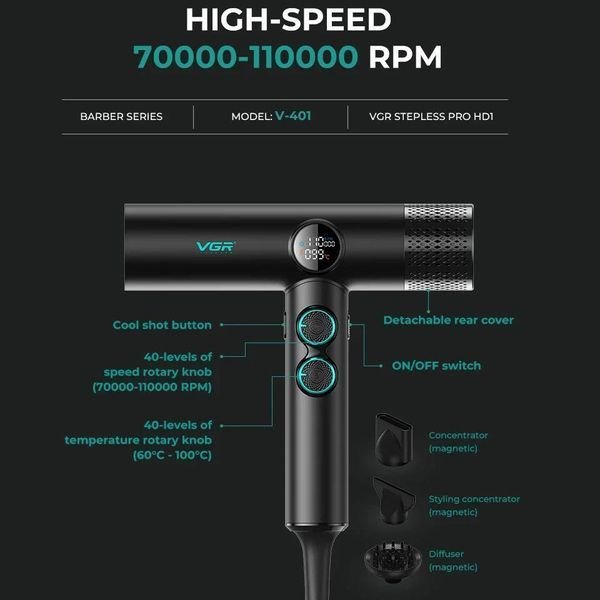 Фен професійний VGR V-401 BLACK, 3 насадки, 40 швидкостей та температур, 70000&ndash;110000 об/хв 11177 фото