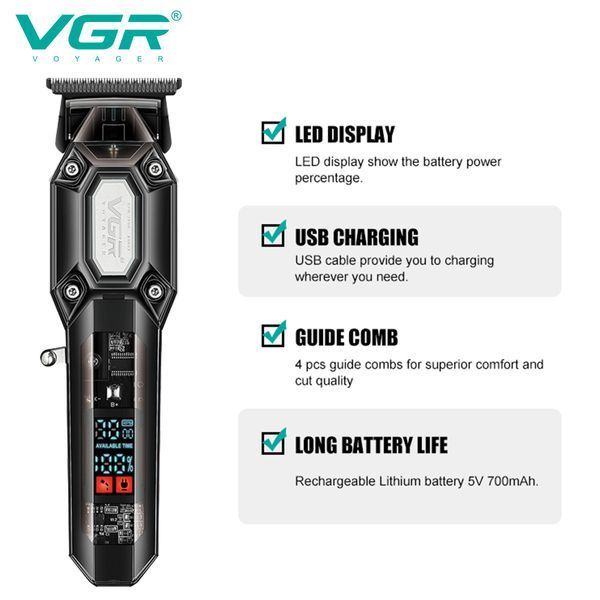 Тример VGR V‑900 BLACK, 4 насадки, 7000 об/хв, LED дисплей, акумуляторний, USB заряджання 9102 фото