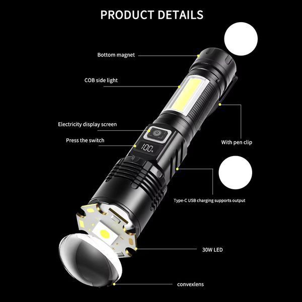 Фонарь COB18 White Laser LED + COB, аккумулятор, Power Bank, магнит, Type-C, Zoom 10778 фото