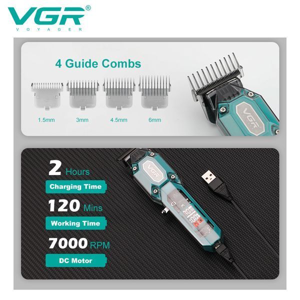 Тример VGR V‑900 BLACK, 4 насадки, 7000 об/хв, LED дисплей, акумуляторний, USB заряджання 9102 фото