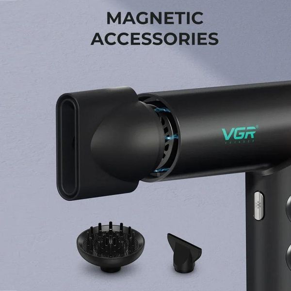 Фен професійний VGR V-401 BLACK, 3 насадки, 40 швидкостей та температур, 70000&ndash;110000 об/хв 11177 фото