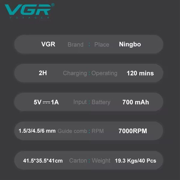 Тример VGR V‑900 BLACK, 4 насадки, 7000 об/хв, LED дисплей, акумуляторний, USB заряджання 9102 фото
