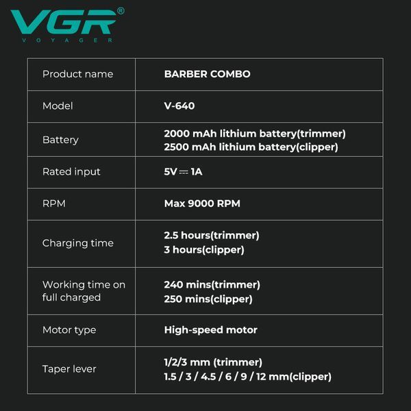 Комплект для стрижки VGR V-640 BLACK 2 в 1 &mdash; триммер и машинка с LED дисплеем и 6 насадками 9033 фото