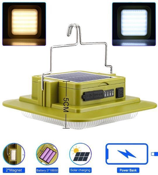 Фонарь кемпинговый 229L-SMD (white+yellow), 3х18650, солнечная панель, power bank, ЗУ Type-C, магнит, крюк 10885 фото