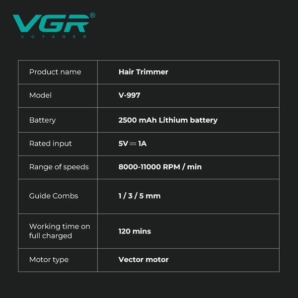 Триммер для бороды и волос VGR V-997, VECTOR MOTOR 8000&ndash;11000 RPM, 3 насадки, LED дисплей 11263 фото