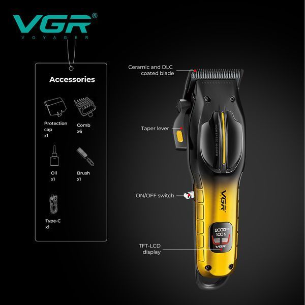 Аккумуляторная машинка для стрижки VGR V-026 RED, 6 насадок, 9000 RPM, LED дисплей 11322 фото
