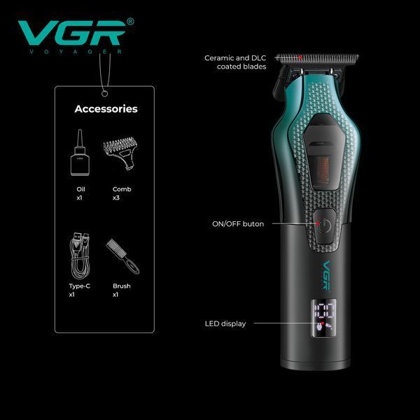 Триммер для бороды и волос VGR V-997, VECTOR MOTOR 8000&ndash;11000 RPM, 3 насадки, LED дисплей 11263 фото
