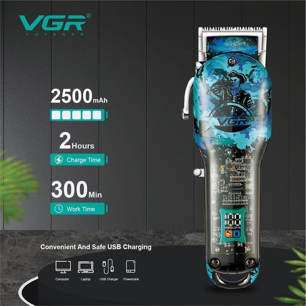 Машинка для стрижки VGR V‑685, акумуляторна, 4 насадки, LED дисплей, USB заряджання 9108 фото