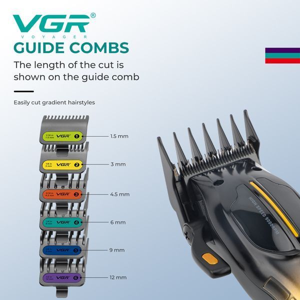 Аккумуляторная машинка для стрижки VGR V-026 RED, 6 насадок, 9000 RPM, LED дисплей 11322 фото