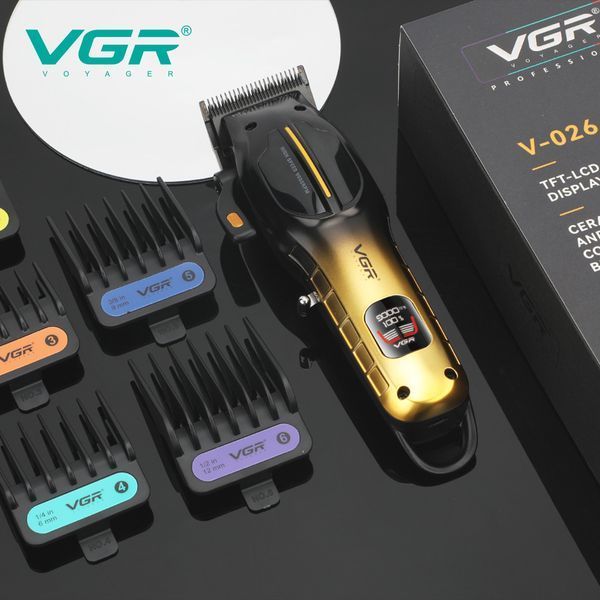Акумуляторна машинка для стрижки VGR V-026 GOLD, 6 насадок, 9000 RPM, LED дисплей 11321 фото