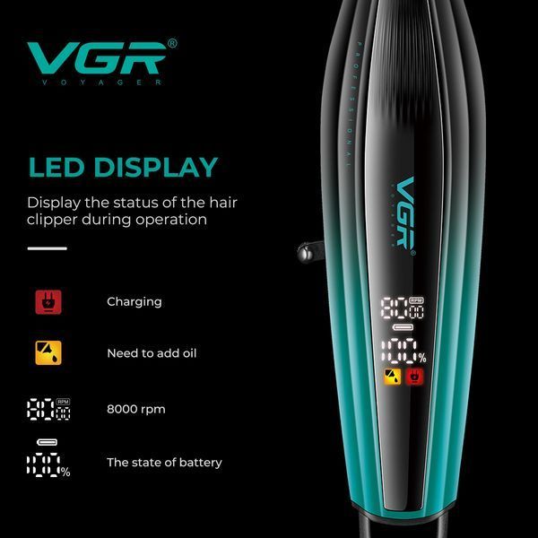 Тример для бороди та волосся VGR V-974 GREEN, 8000 RPM, 4 насадки, LED дисплей 11266 фото