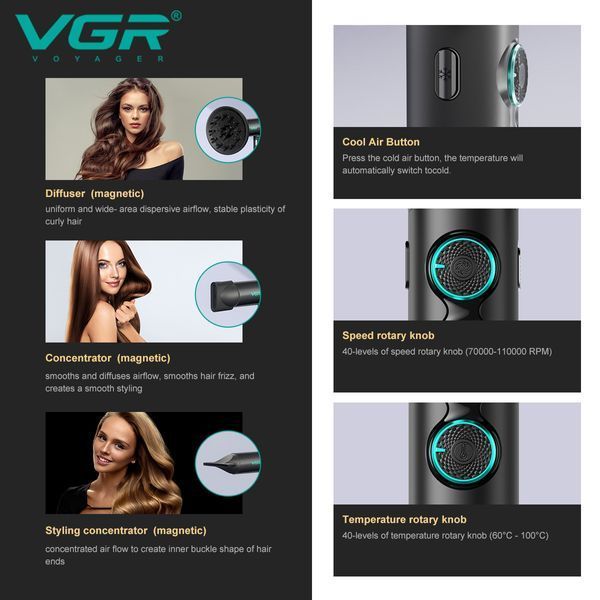 Профессиональный фен VGR V-401 RED &mdash; 40 режимов, до 110000 RPM, 3 насадки 9070 фото