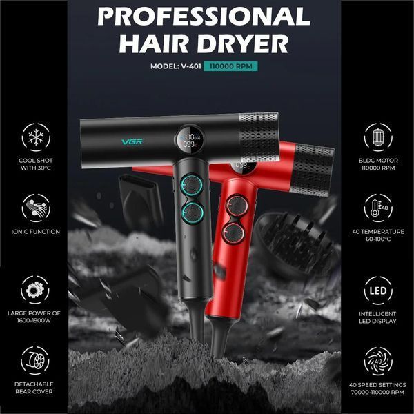 Профессиональный фен VGR V-401 RED &mdash; 40 режимов, до 110000 RPM, 3 насадки 9070 фото