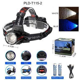 Фонарь налобный PLD-T115-2PM10-TG (white+blue), 2x18650, ЗУ Type-C, zoom 10117 фото