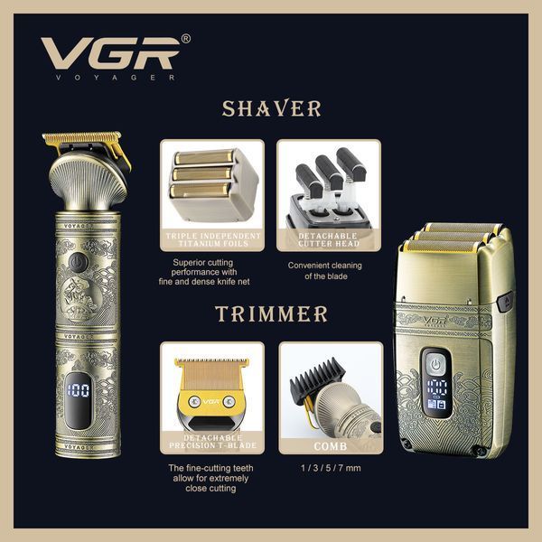 Комплект для догляду VGR V-649 2 в 1 &mdash; тример і шейвер з насадками, для бороди, тіла та обличчя. 10522 фото