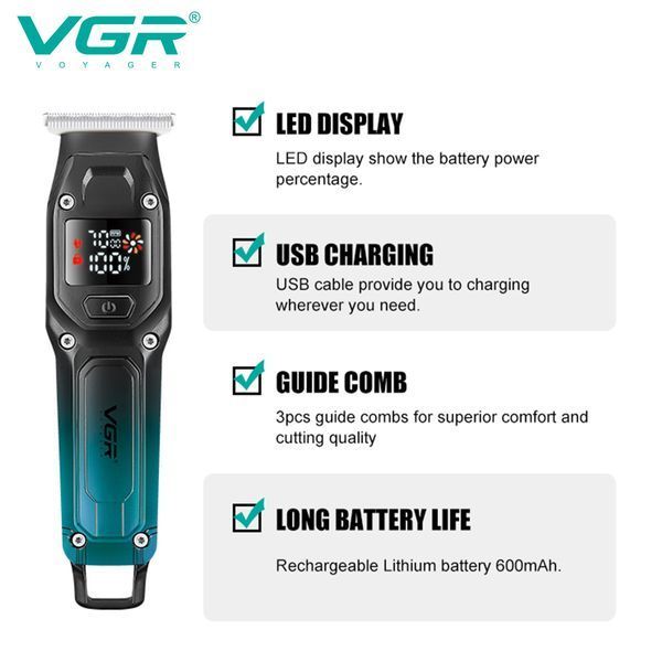 Триммер для бороды и волос VGR V-964 GREEN, 7000 RPM, 4 насадки, LED дисплей 11269 фото