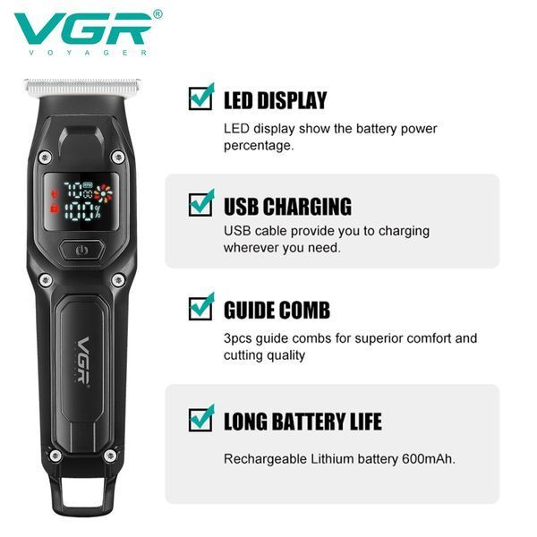 Триммер для бороды и волос VGR V-964 BLACK, 7000 RPM, 4 насадки, LED дисплей 11268 фото
