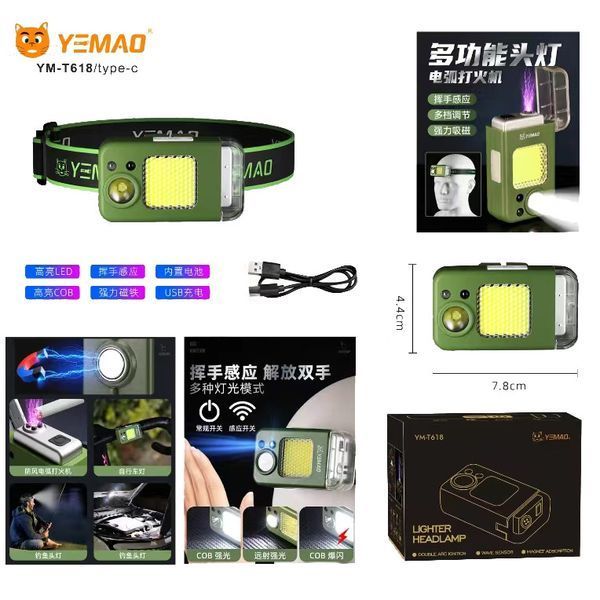 Фонарь налобный MULTIFUNCTIONAL YM-T618-LED+COB, Motion Sensor, Li-Ion аккум., зажигалка, ЗУ Type-C 10136 фото