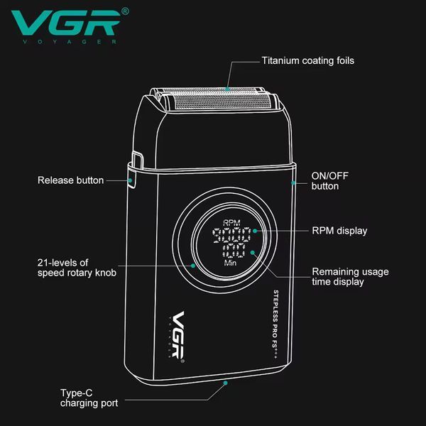 Електробритва VGR V-378 BLACK, шейвер з подвійним лезом та триммером, 7000&ndash;9000 RPM, LED Display 11220 фото