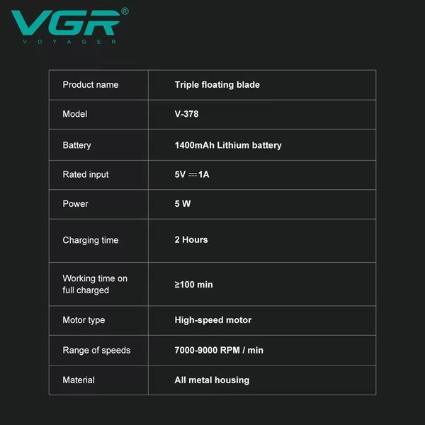 Електробритва VGR V-378 BLACK, шейвер з подвійним лезом та триммером, 7000&ndash;9000 RPM, LED Display 11220 фото