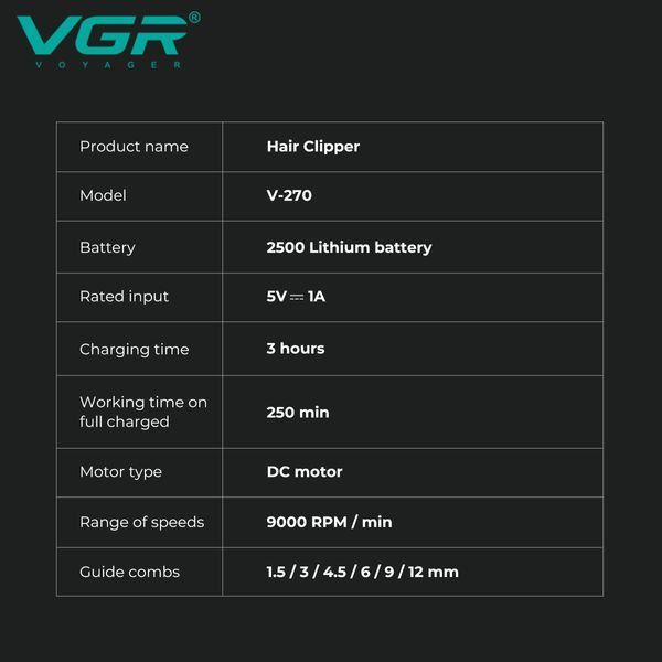 Машинка для стрижки VGR V‑270, 6 насадок, 9000 об/мин, 2500 mAh, LED дисплей, аккумуляторная 9063 фото