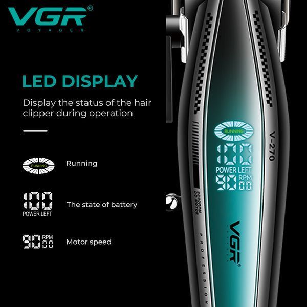 Машинка для стрижки VGR V‑270, 6 насадок, 9000 об/мин, 2500 mAh, LED дисплей, аккумуляторная 9063 фото