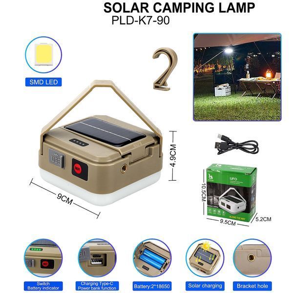 Фонарь кемпинговый DP-K7-90, 2х18650, солнечная панель, power bank, ЗУ Type-C, крюк 10781 фото