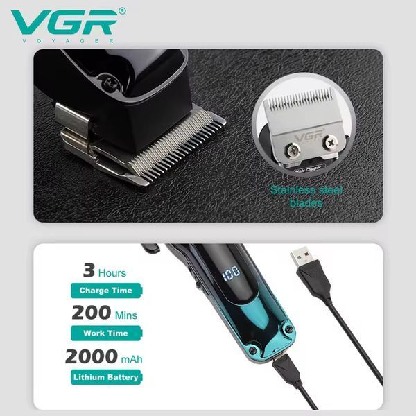 Акумуляторна машинка для стрижки волосся VGR V-013 RED, 8 насадок, 6500 RPM, 2000 mAh, LED Display 11218 фото