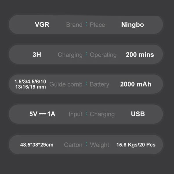 Акумуляторна машинка для стрижки волосся VGR V-013 RED, 8 насадок, 6500 RPM, 2000 mAh, LED Display 11218 фото