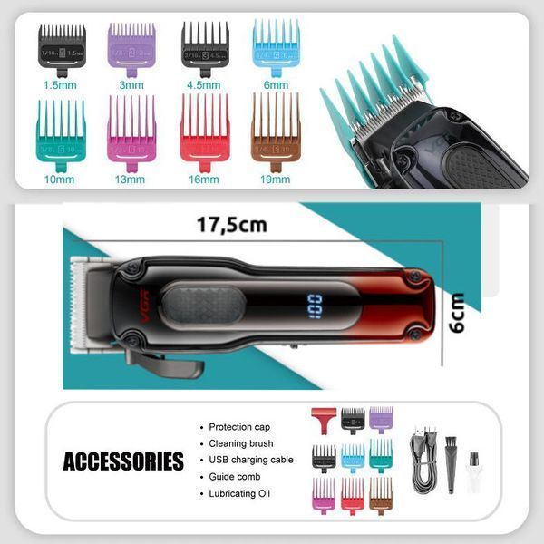Акумуляторна машинка для стрижки волосся VGR V-013 RED, 8 насадок, 6500 RPM, 2000 mAh, LED Display 11218 фото