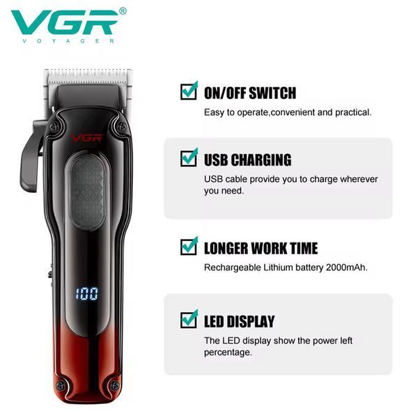 Акумуляторна машинка для стрижки волосся VGR V-013 RED, 8 насадок, 6500 RPM, 2000 mAh, LED Display 11218 фото