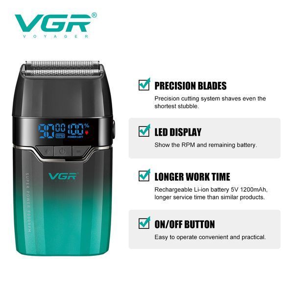 Електробритва VGR V-308 GREEN - шейвер з подвійним лезом, 9000 об/хв, LED дисплей 11173 фото