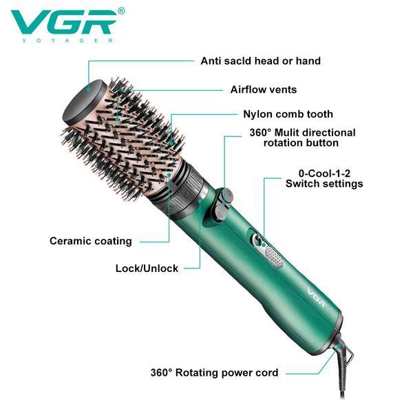 Фен-стайлер VGR V-498 GREEN 2 в 1 &mdash; профессиональный прибор для сушки и укладки, 1000&ndash;1200 Вт 10514 фото