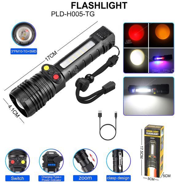 Фонарь аккумуляторный PLD-H005-3PM10-TG, 3 цвета света, 14 SMD, индикация заряда, Zoom, USB Type-C, Box 10592 фото