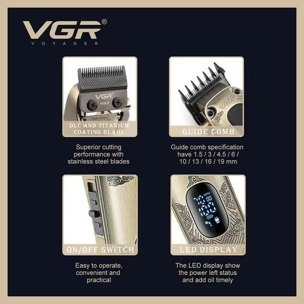 Машинка для стрижки VGR V‑027, 8 насадок, 2600 mAh, 7000 об/мин, LED дисплей 9060 фото
