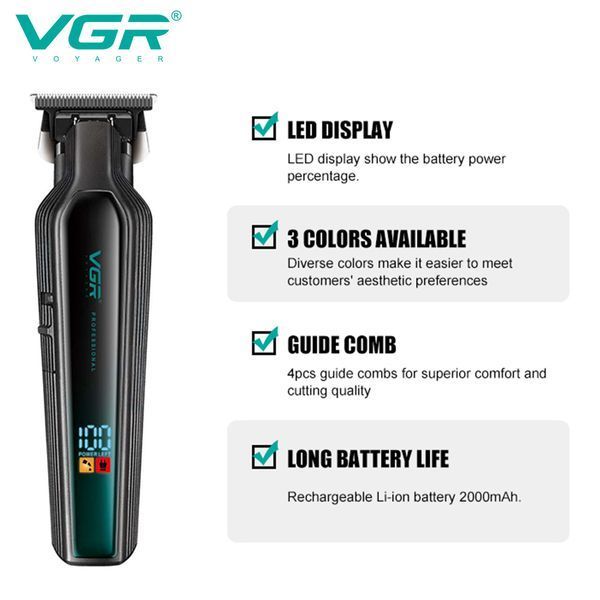 Триммер для бороды и волос VGR V-930 GREEN, 4 насадки, LED дисплей 11271 фото