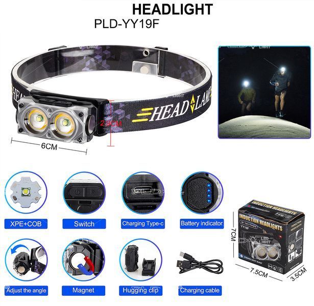 Фонарь налобный YY-19F, 2XPE (белый) + 2COB (жёлтый), аккумуляторный, магнит, USB Type-C 10596 фото