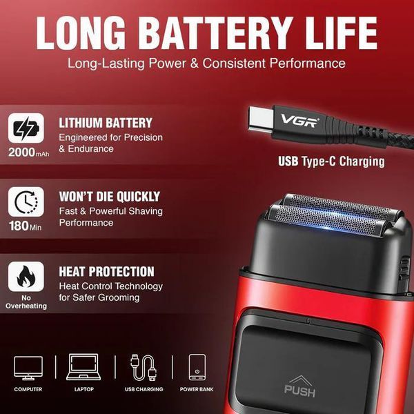 Електробритва VGR V-307 RED з подвійним лезом, 2000 mAh, 9000 об/хв, шейвер із LED дисплеєм 11172 фото