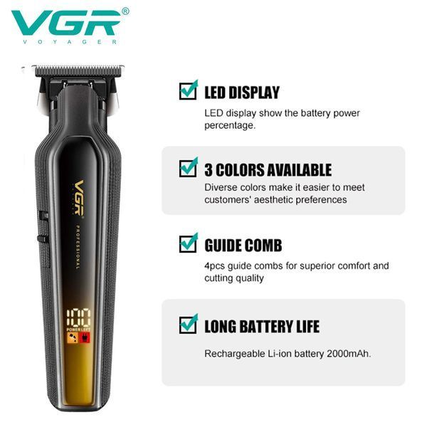 Тример для бороди та волосся VGR V-930 GOLD, 4 насадки, LED дисплей 11272 фото