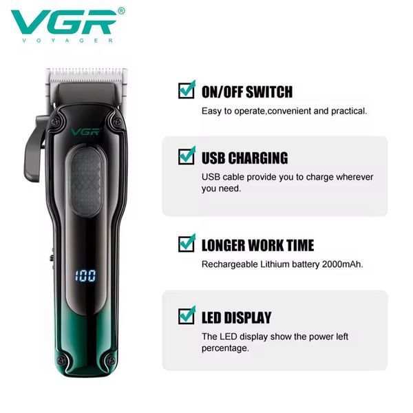 Машинка для стрижки VGR V‑013 Green, 8 насадок, 2000 mAh, 6500 об/хв, LED дисплей 9059 фото