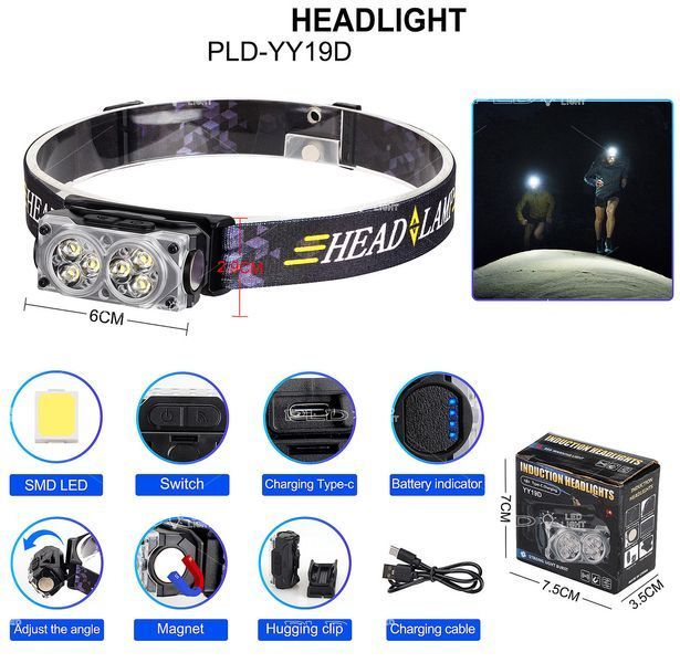 Фонарь налобный YY-19D, 6SMD, аккумуляторный, магнит, USB Type-C, Box 10595 фото