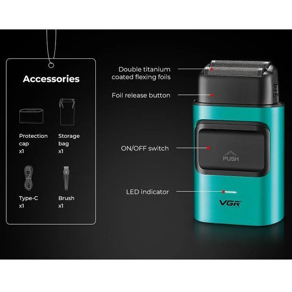 Електробритва VGR V-307 GREEN - шейвер з подвійним лезом, 9000 об/хв, 2000 mAh, LED дисплей 11171 фото