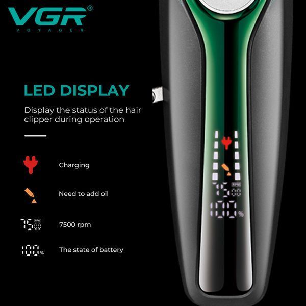 Машинка для стрижки VGR V‑010 Green, 6 насадок, 2600 mAh, 7500 об/хв, LED дисплей 9058 фото