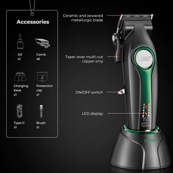 Машинка для стрижки VGR V‑010 Green, 6 насадок, 2600 mAh, 7500 об/хв, LED дисплей 9058 фото