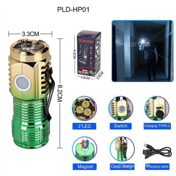 Фонарь аккумуляторный PLD-HP01-3LED, Li-Ion, магнит, индикация заряда, USB Type-C, в коробке 10589 фото