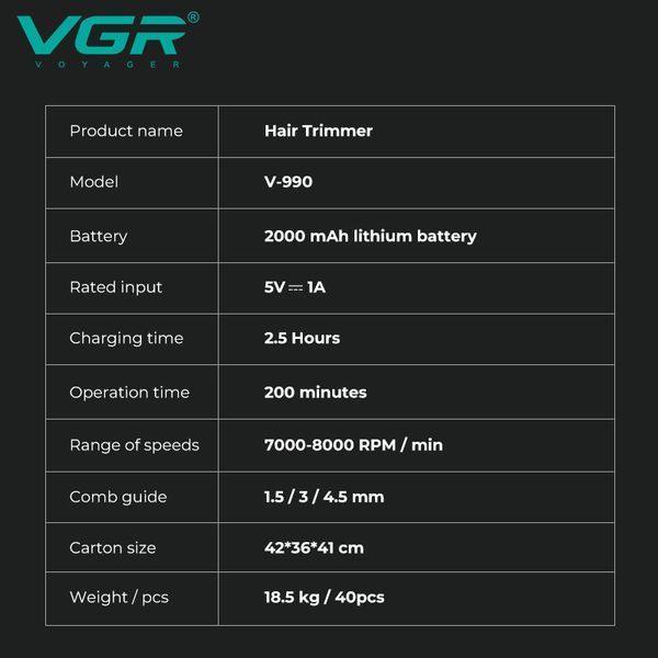 Тример VGR V-990 Green, 3 насадки, керамічне лезо, TURBO, 7000-8000 об/хв, LED дисплей 9041 фото