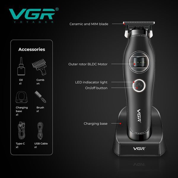 Триммер VGR V-880T BLACK, EXTERNAL ROTOR MOTOR, MIM Blade, 4 насадки, док-станция 11274 фото