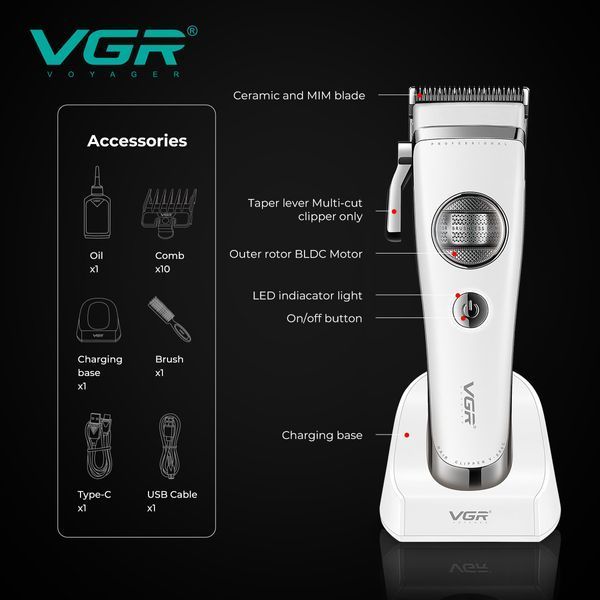 Машинка для стрижки VGR V-880C WHITE, EXTERNAL ROTOR MOTOR, MIM Blade, 11 насадок, док-станция 11278 фото