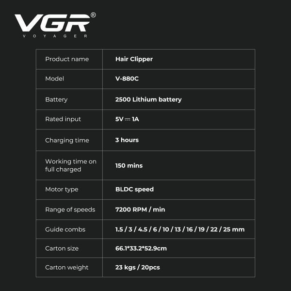 Машинка для стрижки VGR V-880C WHITE, EXTERNAL ROTOR MOTOR, MIM Blade, 11 насадок, док-станция 11278 фото