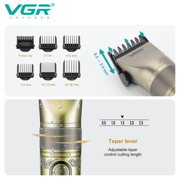 Машинка для стрижки VGR V-659 з регулюванням потужності, 5 насадок, IPX7, LED дисплей 9036 фото
